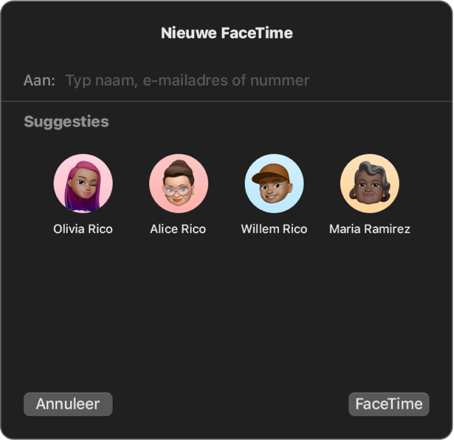 Het venster 'Nieuwe FaceTime', waar je bellers rechtstreeks in het veld 'Aan' kunt invoeren of kunt kiezen uit de lijst met suggesties.