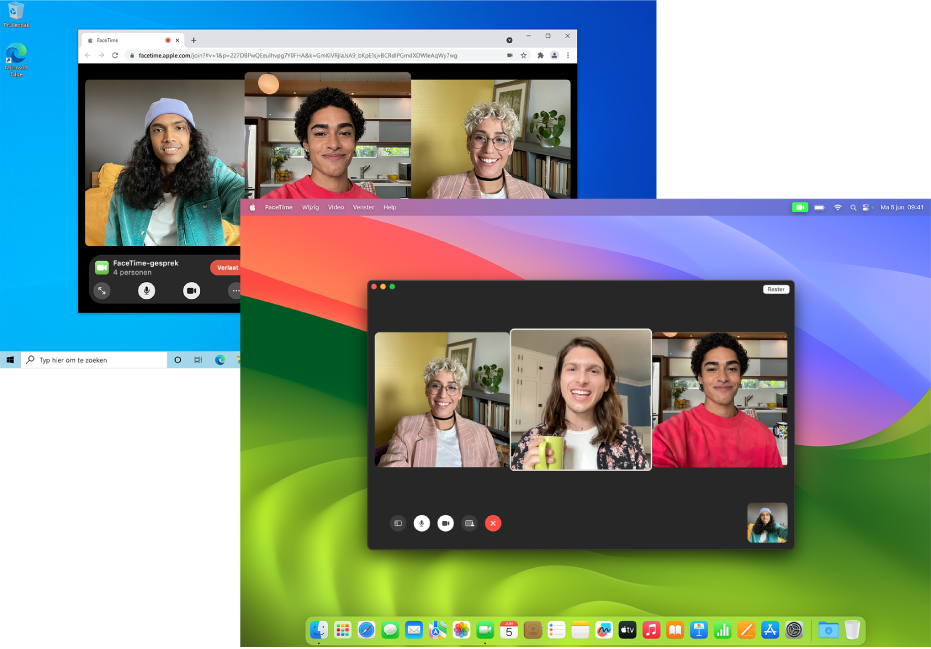 Een MacBook Pro met een actief FaceTime-groepsgesprek. Daarachter een pc met een actief FaceTime-groepsgesprek op web.