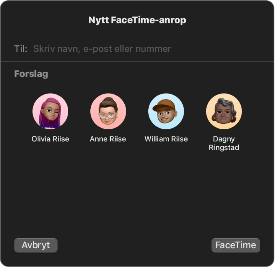 Vinduet Nytt FaceTime-anrop – legg innringere automatisk til i Til-feltet eller velg dem fra Forslag.