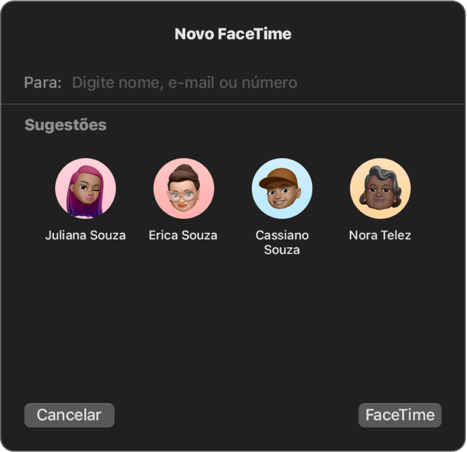 Janela do Novo FaceTime: insira chamadores diretamente no campo Para ou escolha-os em Sugestões.