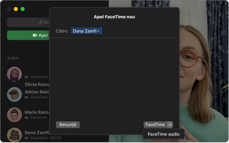 O fereastră Apel FaceTime nou afișând opțiunea pentru începerea unui apel FaceTime video sau FaceTime audio.