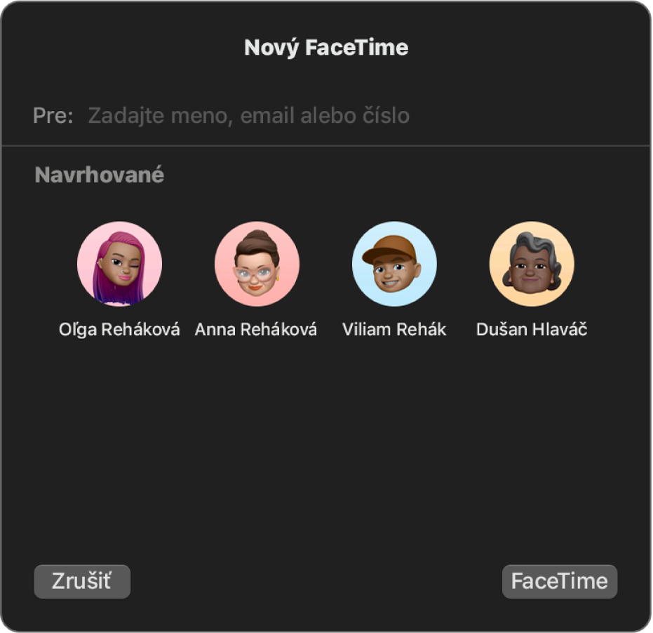 Okno Nový FaceTime – zadávajte volajúcich priamo do poľa Pre alebo ich vyberte zo zoznamu navrhovaných.