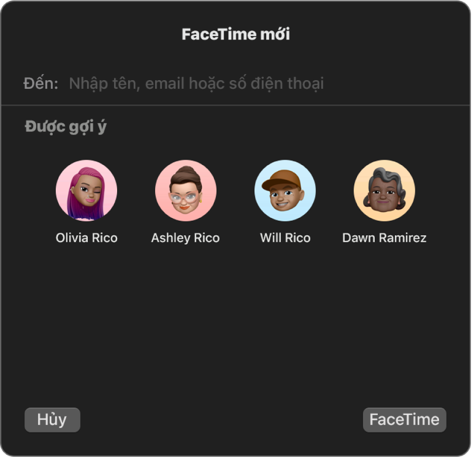 Cửa sổ FaceTime mới – nhập trực tiếp người gọi vào trường Đến hoặc chọn họ từ Được gợi ý.