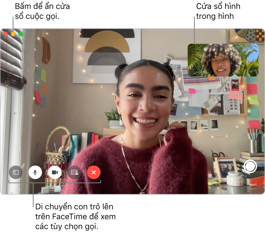 Di chuyển con trỏ lên trên cửa sổ FaceTime để xem các nút Thanh bên, Tắt tiếng, Tắt tiếng video, Chia sẻ màn hình, Kết thúc cuộc gọi và Live Photo. Bấm vào nút giữa ở góc trên cùng bên trái để ẩn cửa sổ cuộc gọi. Cửa sổ hình trong hình sẽ xuất hiện ở góc trên cùng bên phải.