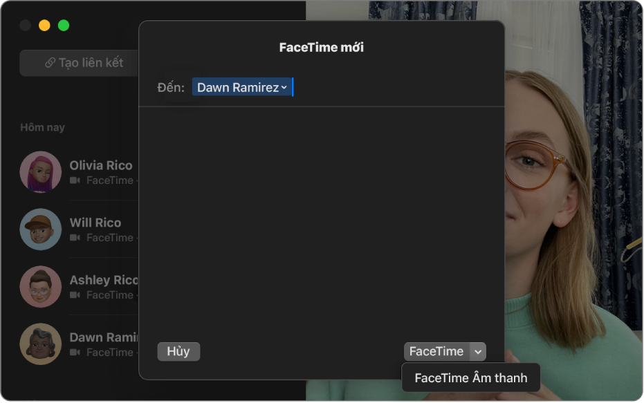 Một cửa sổ cuộc gọi FaceTime mới, đang hiển thị tùy chọn bắt đầu cuộc gọi FaceTime video hoặc cuộc gọi FaceTime âm thanh.