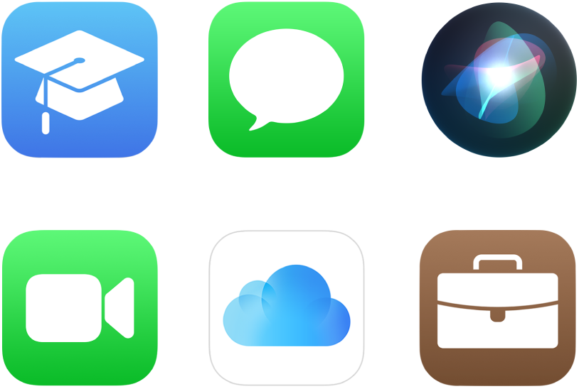 Icônes de six services Apple : Apple School Manager, iMessage, Siri, FaceTime, iCloud et Apple Business Manager.