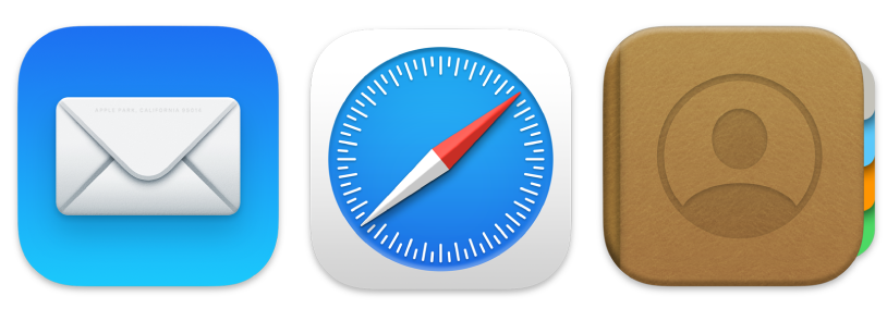 Symboler for tre av appene som Apple tilbyr: Mail, Safari og Kontakter.