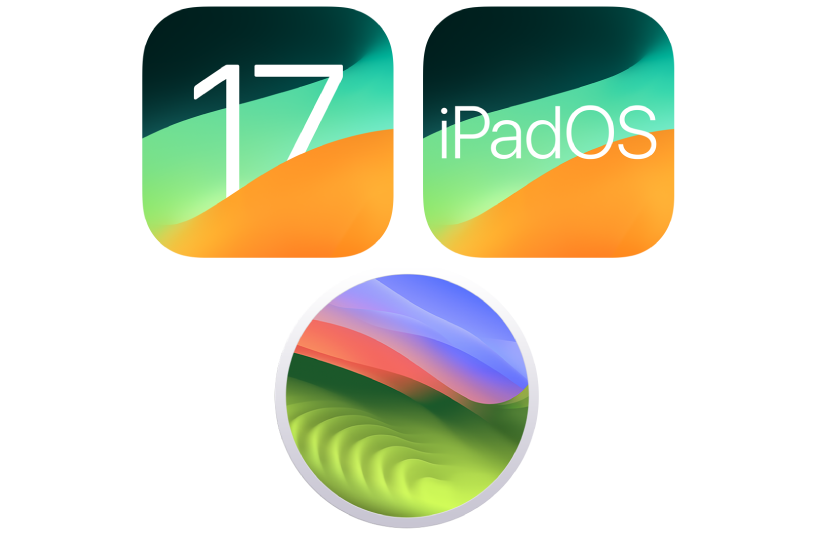 Symboler som representerer operativsystemene for iPhone, iPad og Mac.