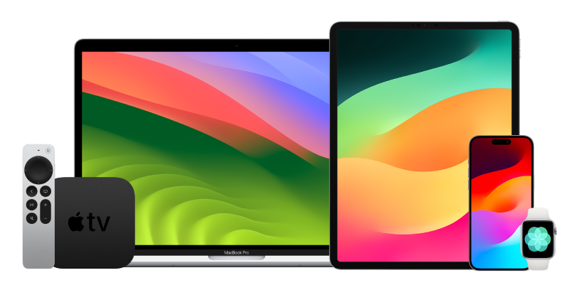 Bir Apple TV, bir MacBook Pro, bir iPad Pro, bir iPhone 15 Pro ve bir Apple Watch.