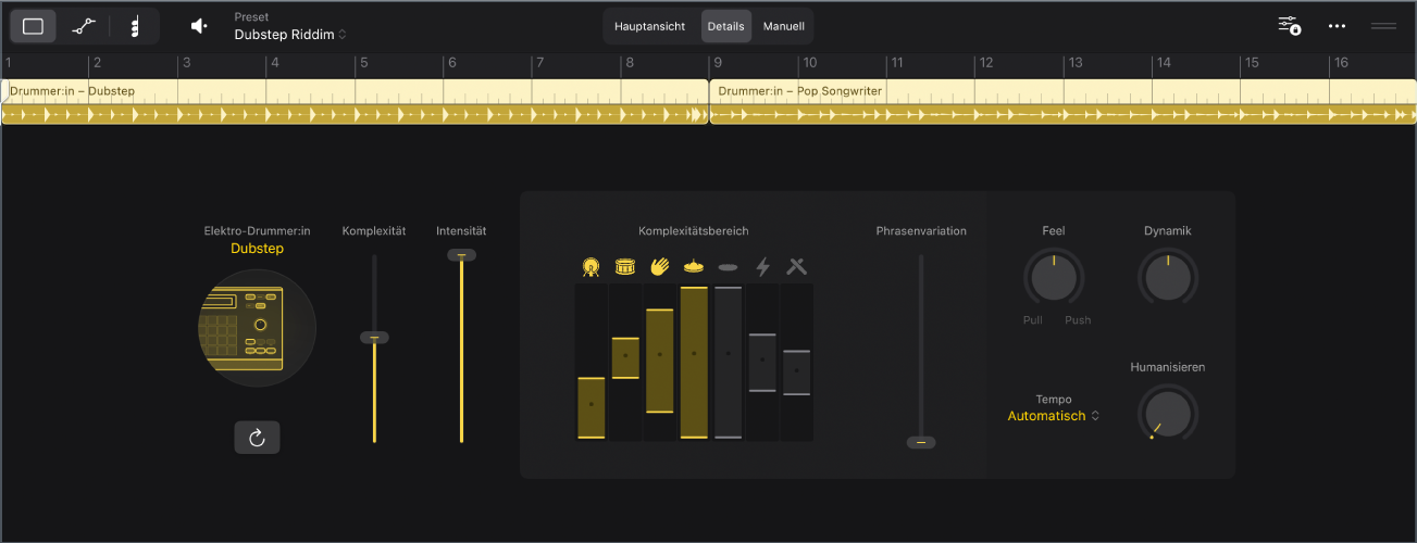 Abbildung. Der Session Player-Editor mit der Detailansicht des elektronischen Drummers