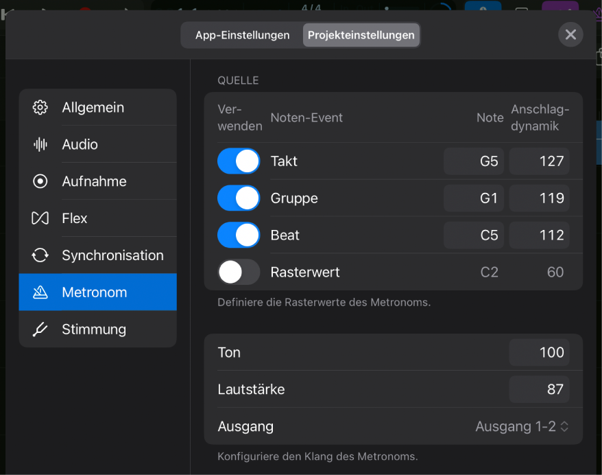 Projekteinstellungsbereich „Metronom“