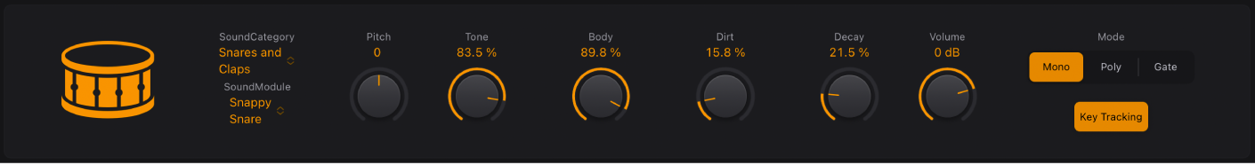 Abbildung. Bedienoberfläche von Drum Synth mit einem Snaredrum-Sound und den dazugehörigen Parametern