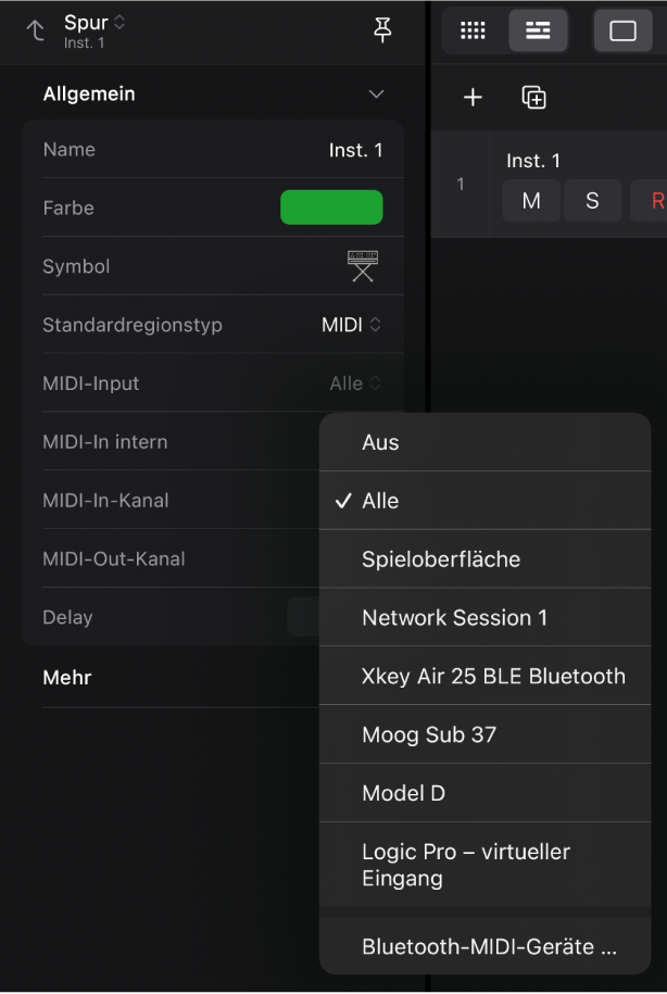 Einblendmenü „MIDI-Input“.