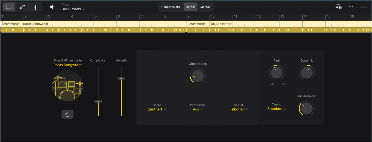 Abbildung. Der Session Player-Editor mit der Detailansicht des aktustischen Drummers