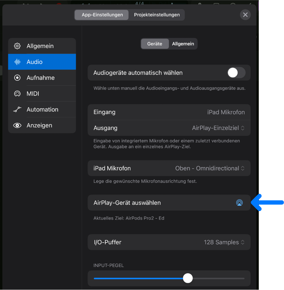 Abbildung. Der Bereich „Geräte“ der Audioeinstellungen mit der Taste „AirPlay-Gerät auswählen“.