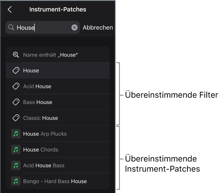 Abbildung. Vorgeschlagene Suchergebnisse für das Schlagwort „House“ in der Ansicht für Instrument-Patches der Übersicht.
