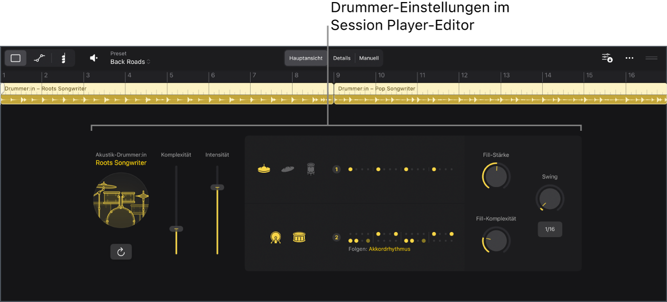 Abbildung. Der Session Player-Editor mit den Drummer-Einstellungen.