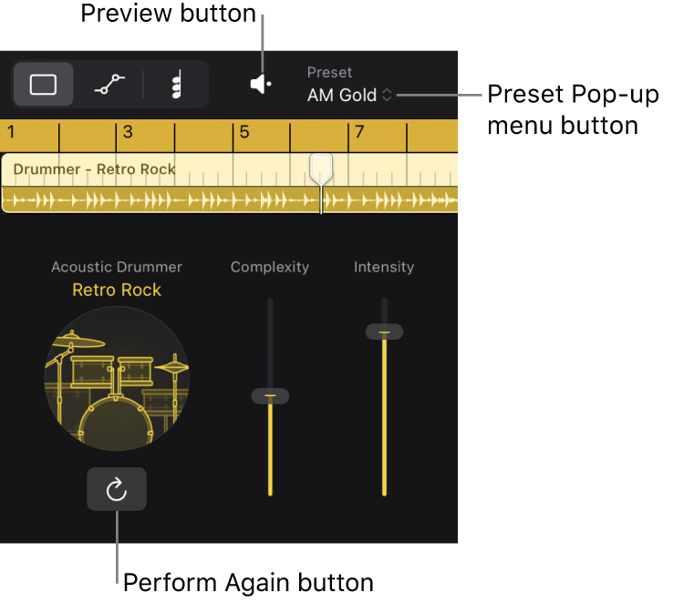 Figure. The Preview button, the Preset Pop-up menu button, and the Perform Again button in the Session Player Editor.