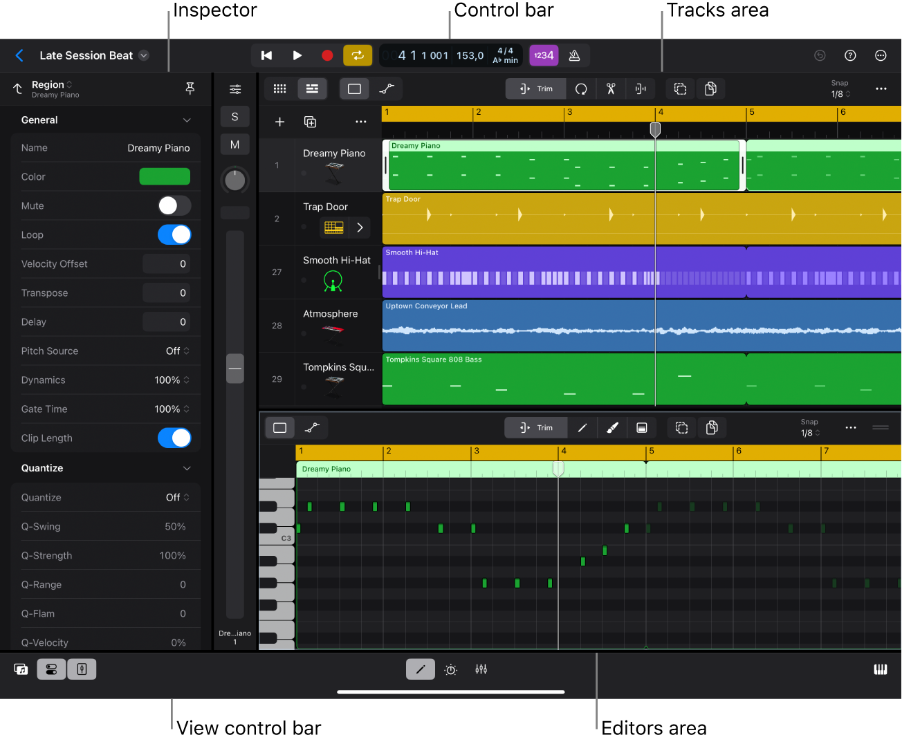 Figure. Logic Pro interface showing Tracks area, inspector, and Piano Roll Editor open.