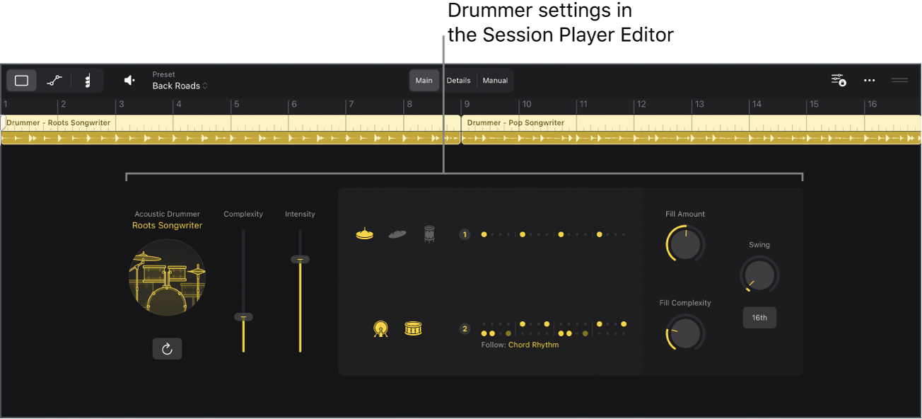 Figure. The Session Player Editor with Drummer settings.