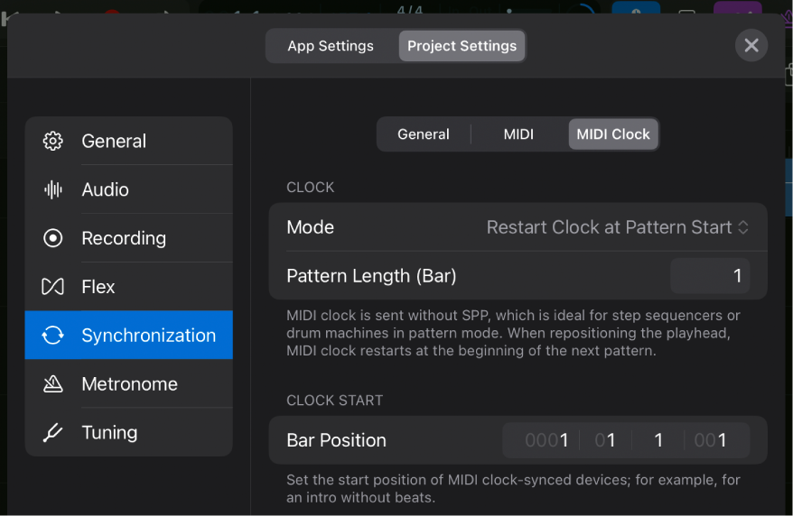 MIDI Clock Synchronization project settings.
