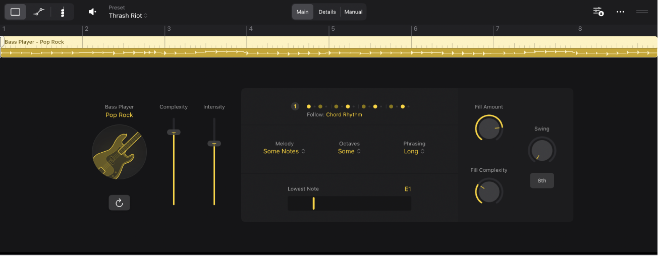 Figure. Session Player Editor showing menu bar controls, Genre button, slider controls.