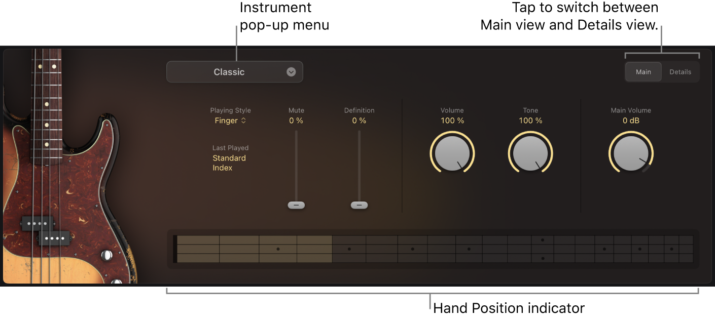 Figure. Studio Bass showing the Main view with callouts to the Instrument pop-up menu, Hand Position indicator, and Main/Details switch.
