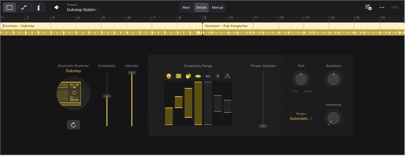 Figure. The Session Player Editor showing the Details view of the electronic Drummer.