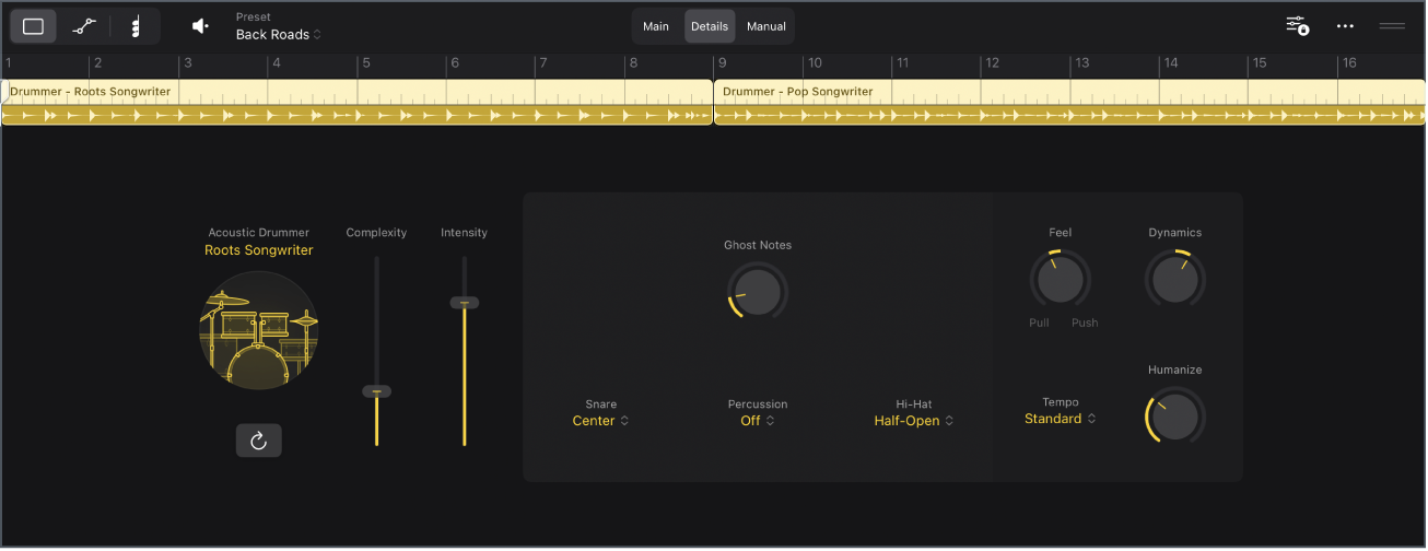 Figure. The Session Player Editor showing the Details view of the acoustic Drummer.