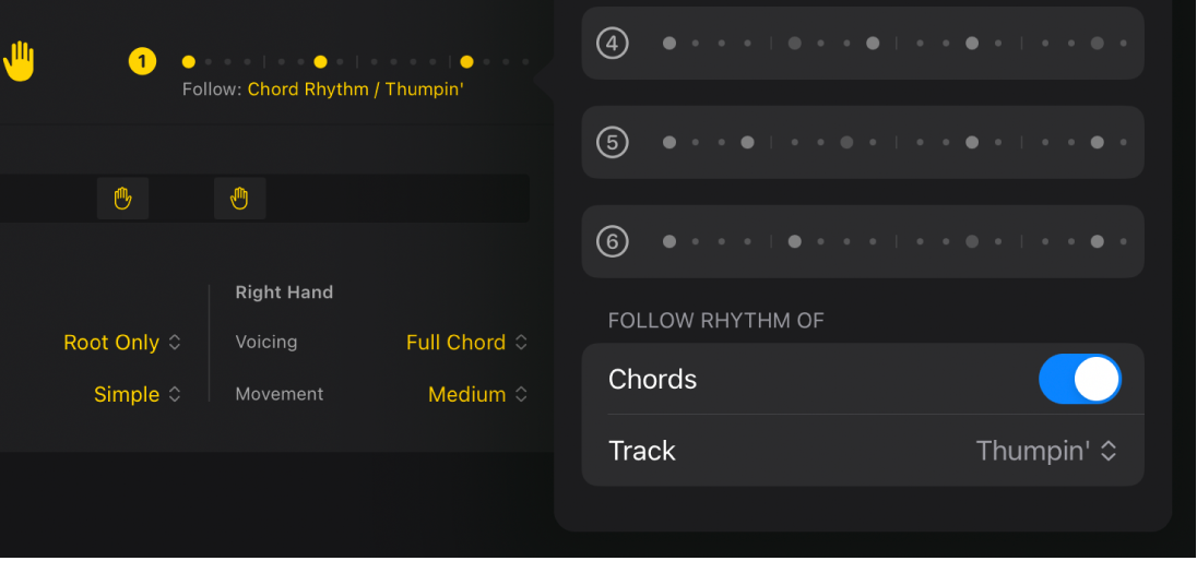 Figure. The Follow Rhythm Of section of the Patterns menu in the Session Player Editor.