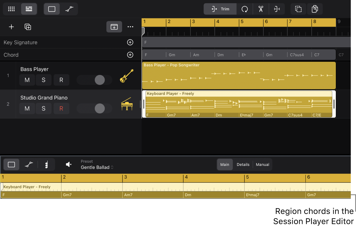 Figure. A Session Player region selected in the Tracks area and the Session Player Editor showing region chords.