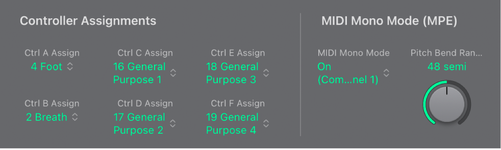 Figure. ES2 Controller Assignments and MIDI Mono Mode parameters.