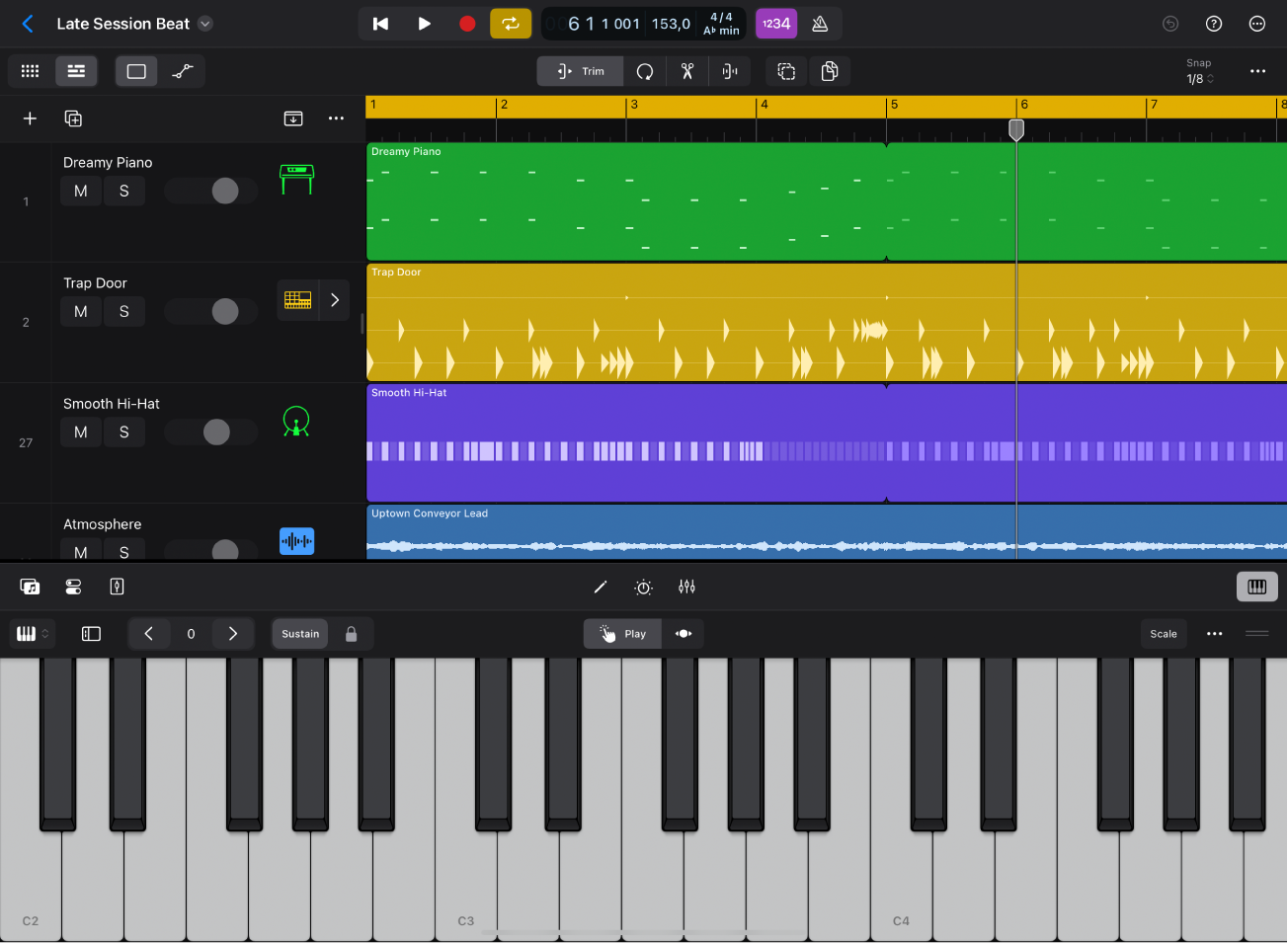 Figure. Logic Pro for iPad with the Keyboard Play Surface open.