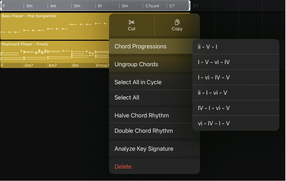 Figure. A chord group selected on the Chord track, showing the open menu with the Chord Progressions menu item selected, and chord progressions submenu open.