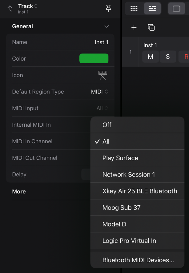 MIDI Input pop-up menu.