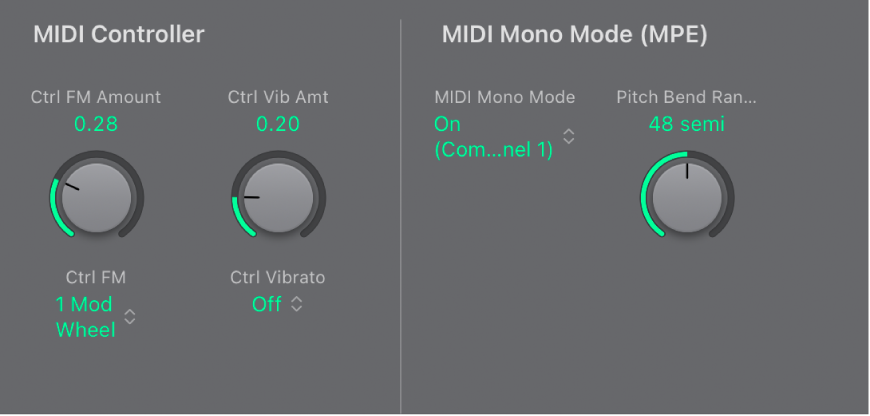 Figure. EFM1 MIDI Controller and MIDI Mono Mode parameters.