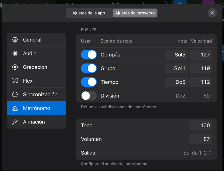 Página Metrónomo de ajustes del proyecto.