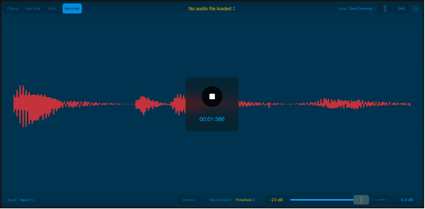 Ilustración. Visualización de onda del modo Recorder de Quick Sampler, que muestra todos los parámetros relacionados.