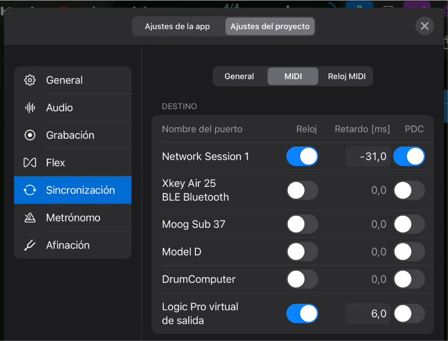 Pestaña MIDI del panel de ajustes del proyecto Sincronización.