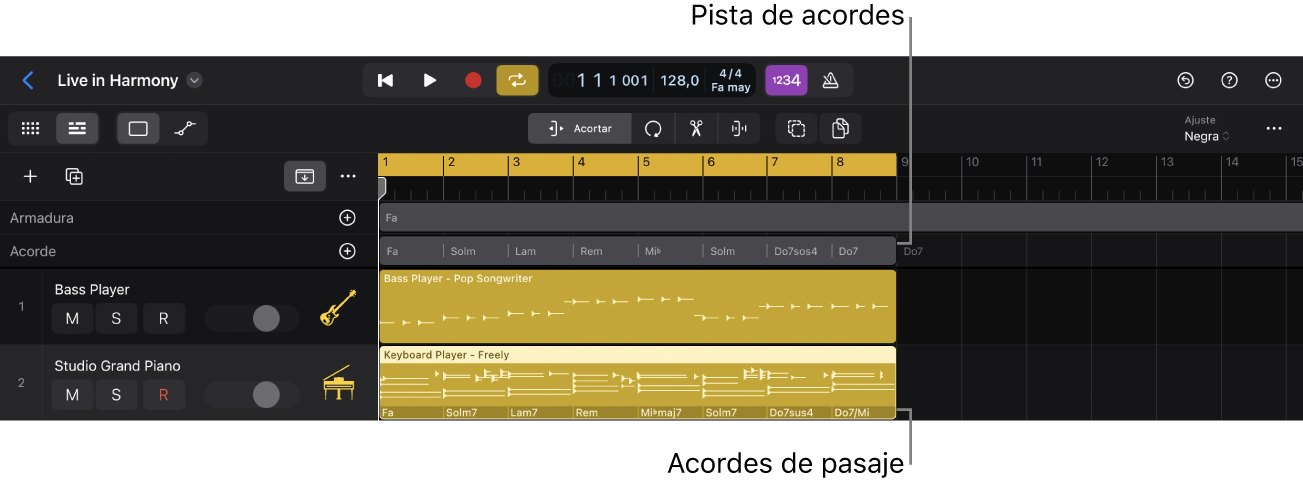 Ilustración. Área Pistas de Logic Pro con la pista de acordes con acordes y grupos de acordes, y el pasaje de “Session Player” con acordes del pasaje.