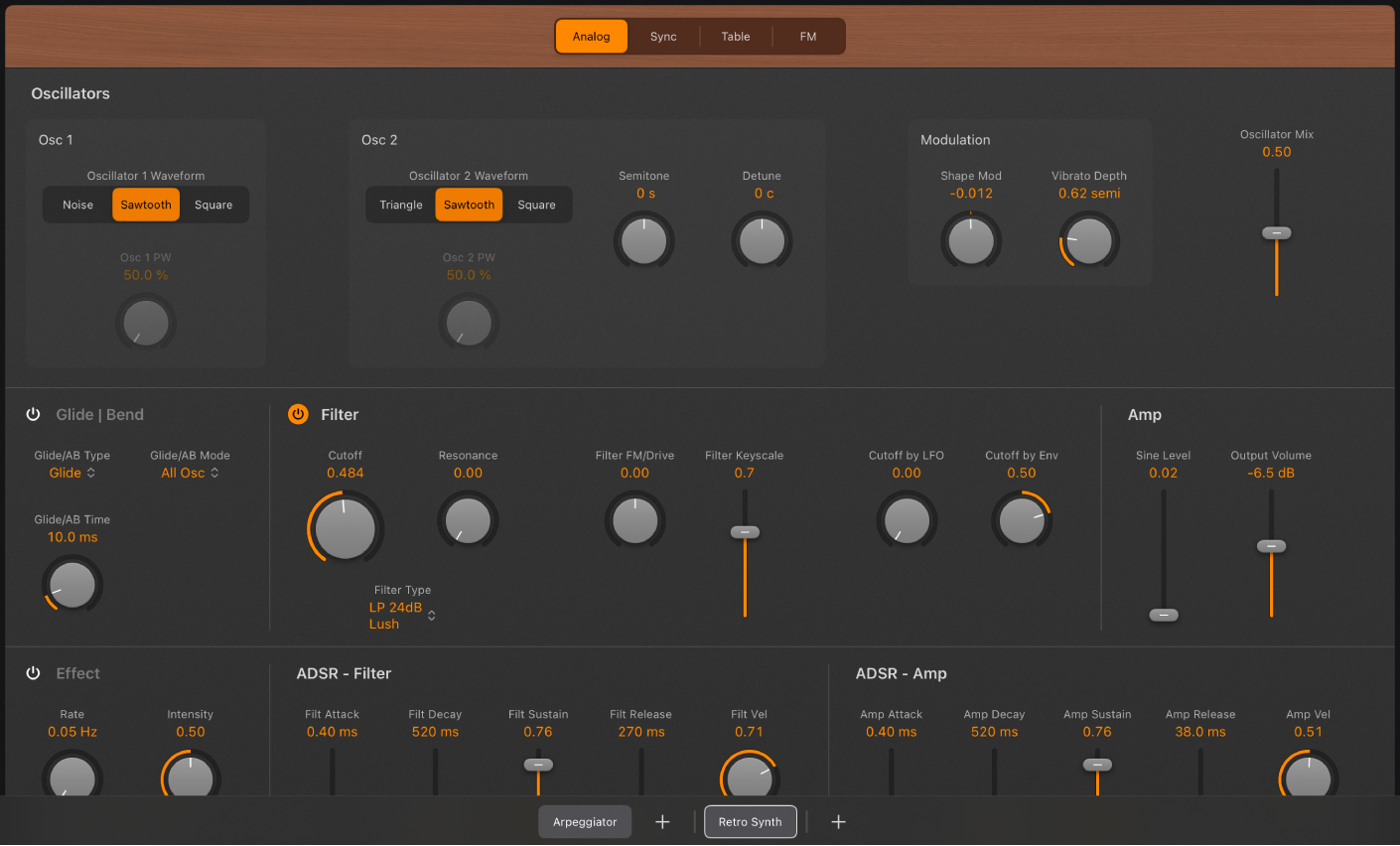 Ilustración. Parámetros del oscilador Analog de Retro Synth.