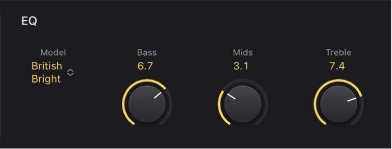 Figure. Menu local EQ et potentiomètres Bass, Mids et Treble pour Amp Designer.