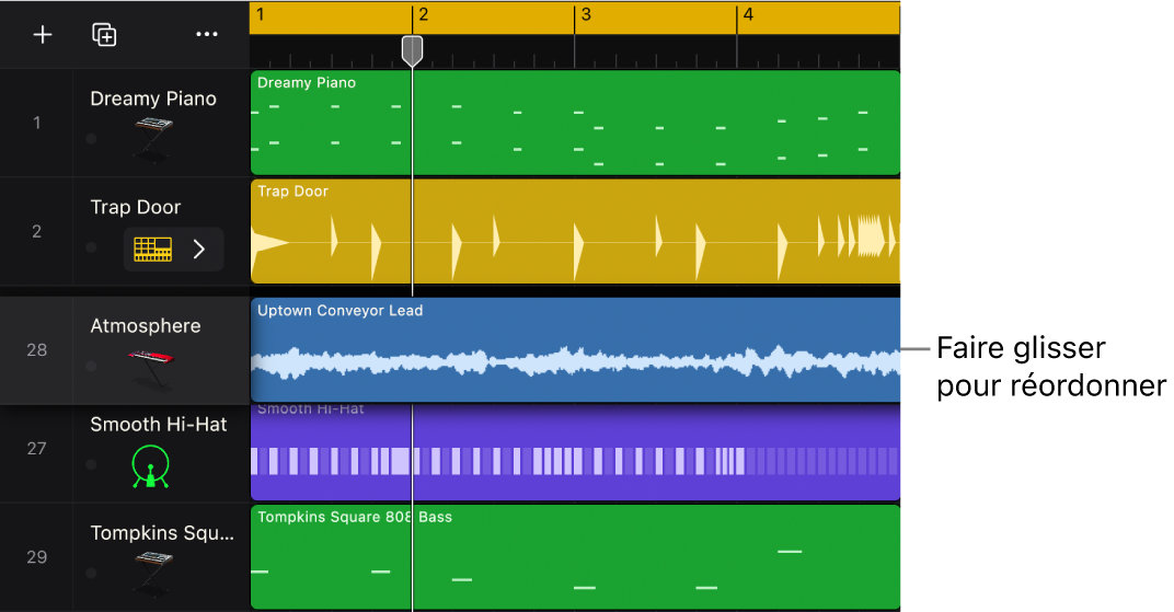 Figure. Zone de pistes montrant le glissement d’une piste audio sur une piste d'instrument.