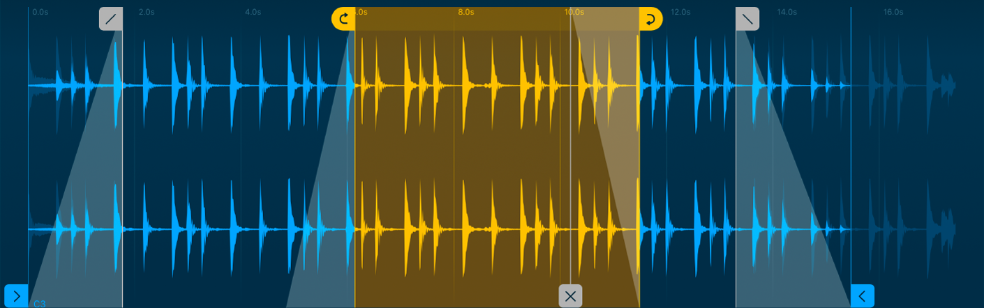 Figure. Affichage de la forme d’onde dans Quick Sampler, montrant tous les types de marqueurs.