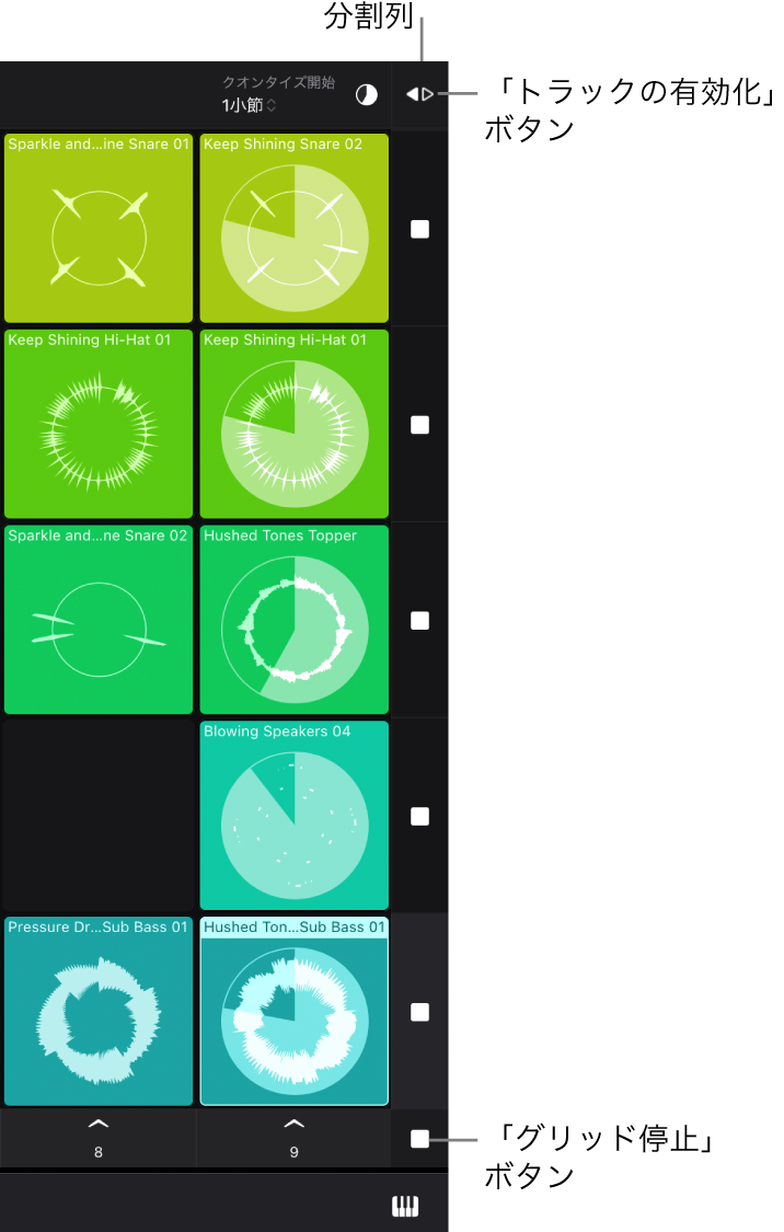 図。分割列に表示された「トラック有効化」ボタン、ループ位置インジケータ、「グリッド停止」ボタン。
