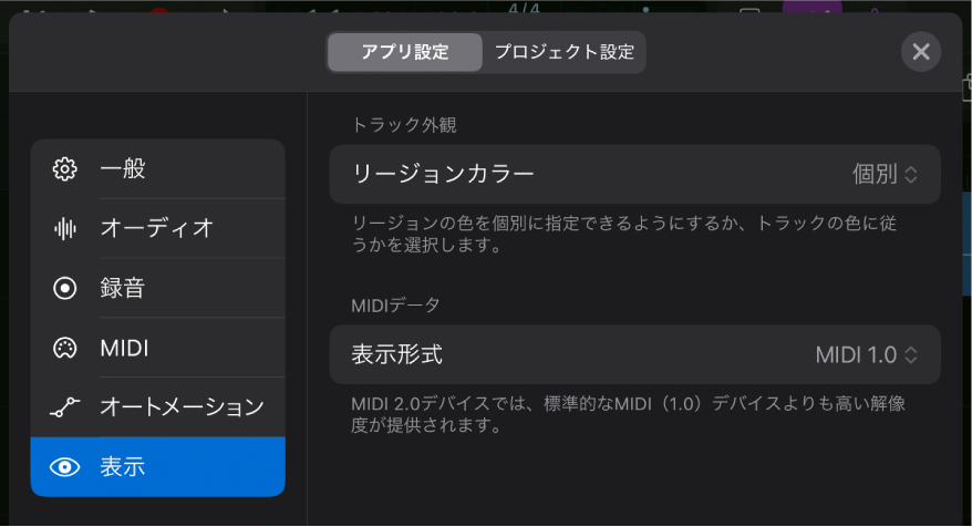 「表示」設定。