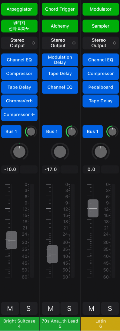 그림. MIDI 이펙트, 기기 및 오디오 이펙트 플러그인을 보여주는 채널 스트립.