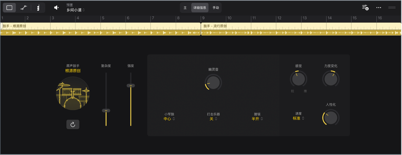 图。伴奏乐手编辑器显示原声鼓手的“详细信息”视图。