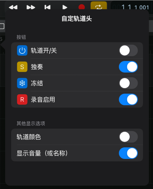 图。“自定义轨道头”窗口，显示可用的按钮和其他显示选项。