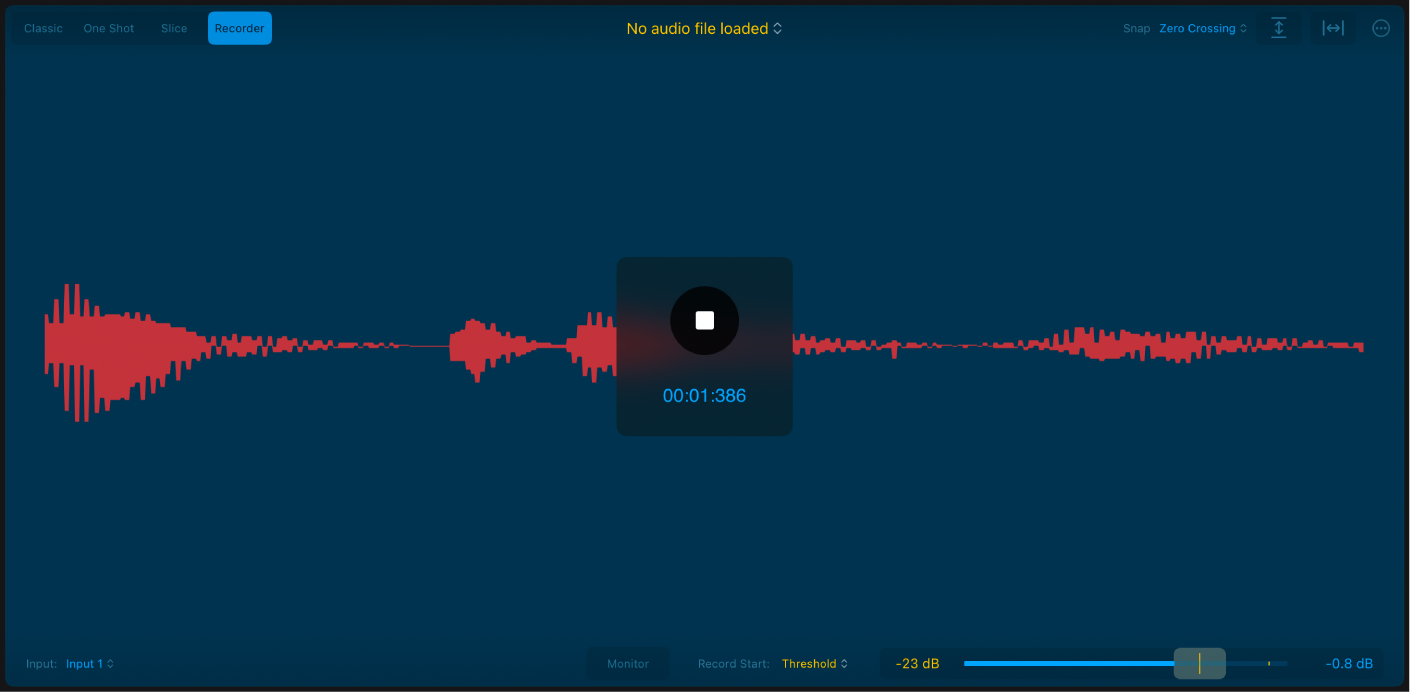图。Quick Sampler 录音机模式下的波形显示，显示所有相关参数。